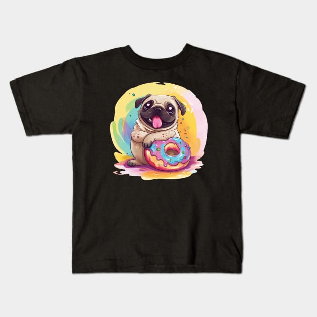 Pug with Donut Kids T-Shirt by WAADESIGN